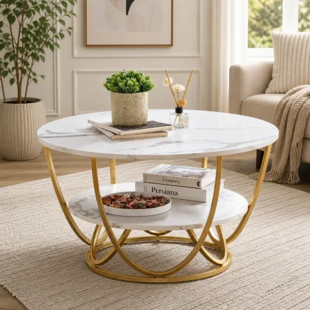 Round Gold Coffee Table,2 Tier Coffee Tables for Living Room - Image 2