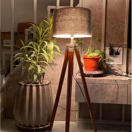 Floor Lamp for Living Room, Bed Room with Wooden Crafter Stand, Modern Decorative Lamp in Black Shade Brown Stand (Bulb Included)